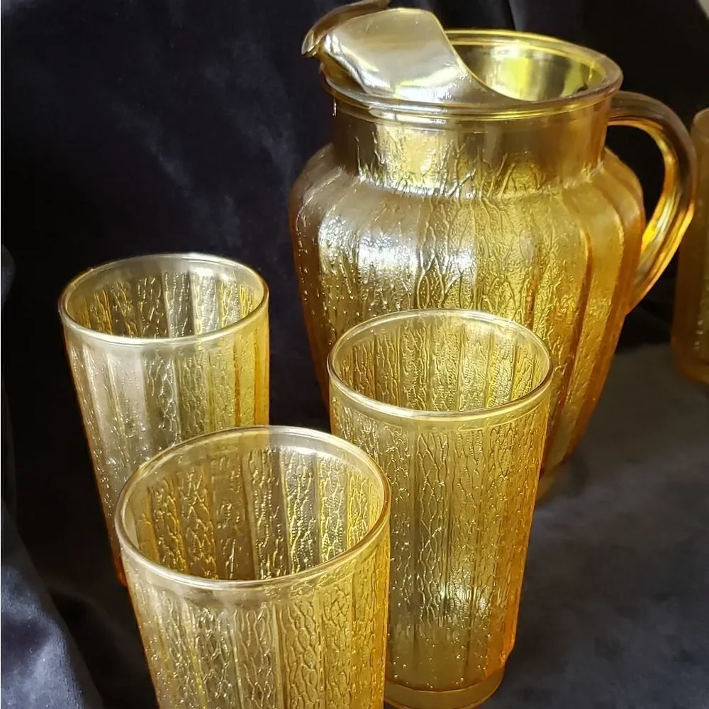 Pretty Vintage Textured Gold Pitcher and 6 Glasses